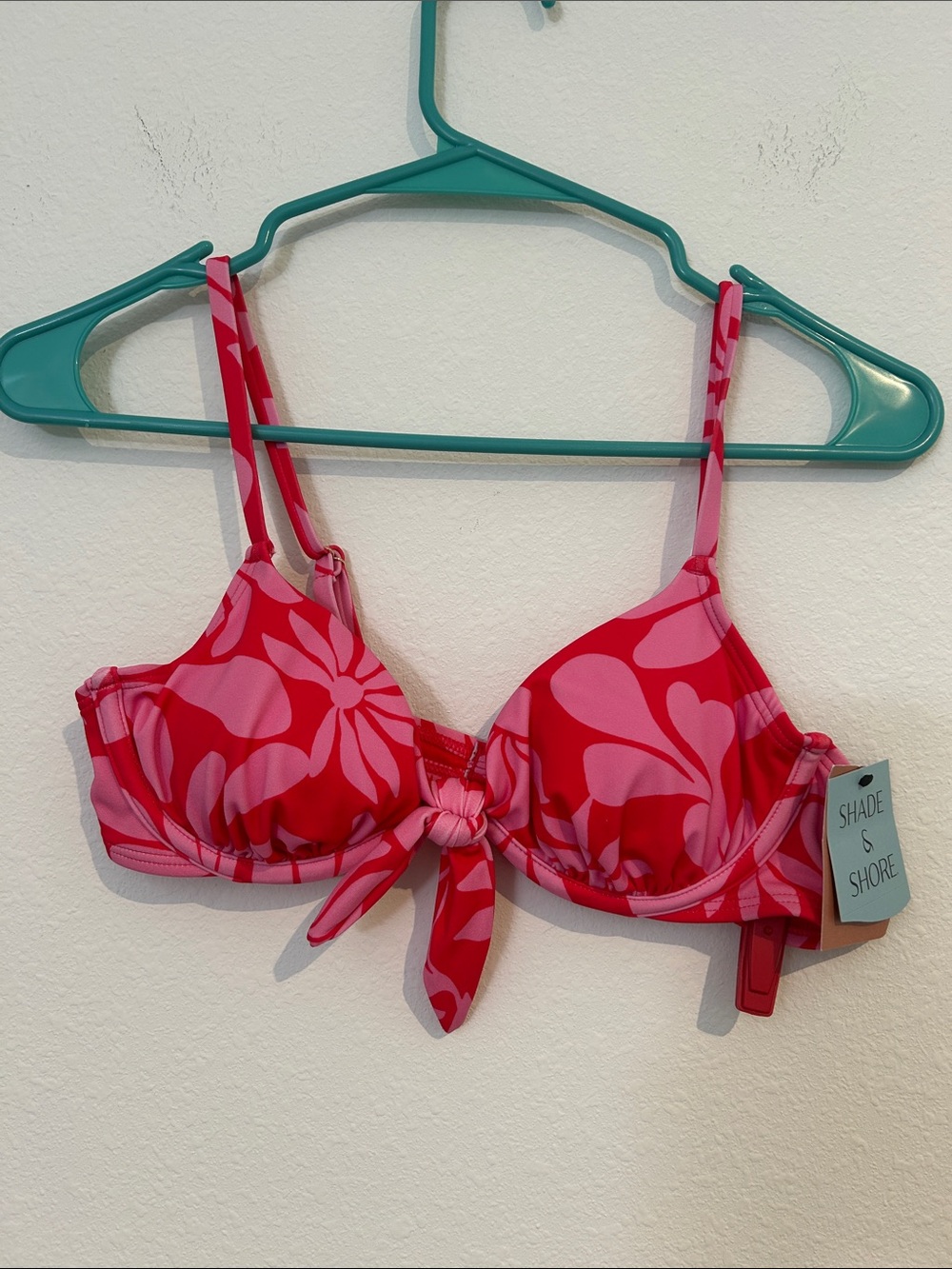 Shade & Shore Red and Pink Floral Tie-Front Bikini Top